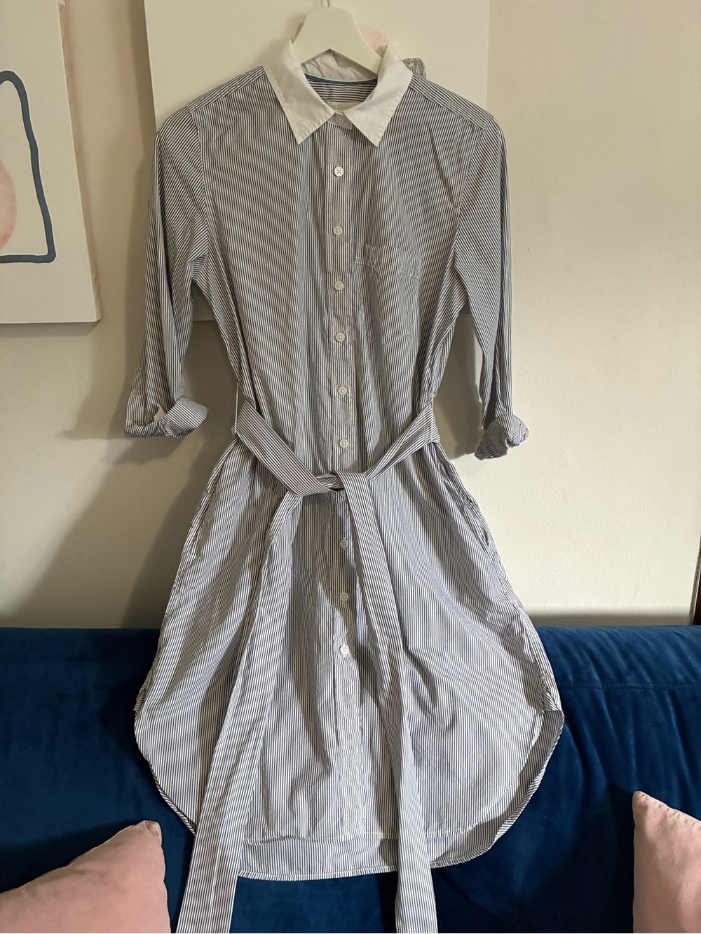 J. Crew Blue and White Striped Shirt Dress with Contrast Collar